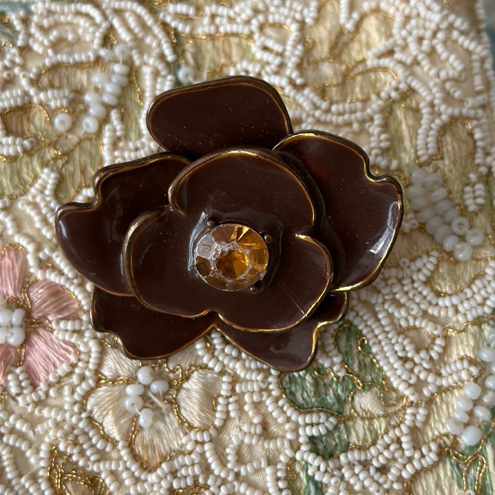 Large brown enamel with center amber colored rhinestone large gorgeous statement